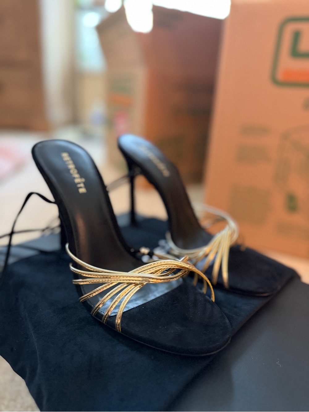 Retrofete Lucio Sandal Black Suede with Gold Metallic Straps